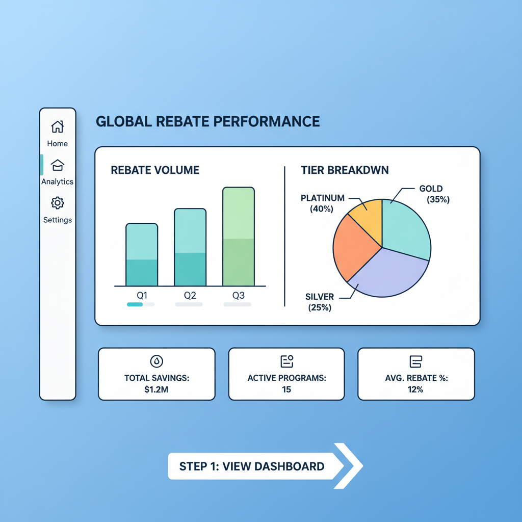 sleek dashboard with charts of rebates volumes and tiers