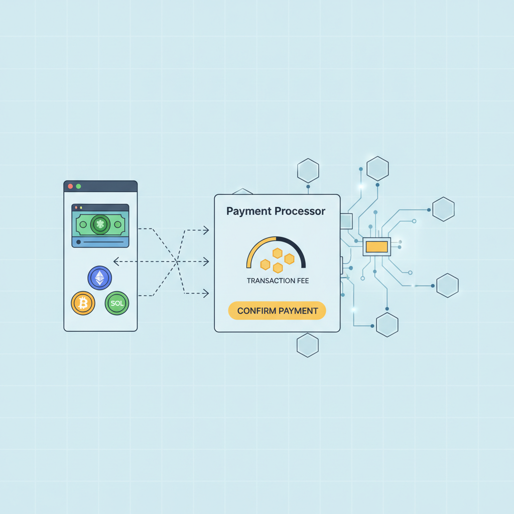 token payment integration UI, crypto coins flowing into fee meter, blockchain network