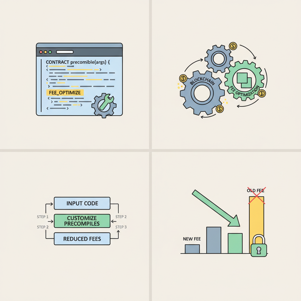 code editor customizing precompiles, blockchain gears turning with fee optimizations