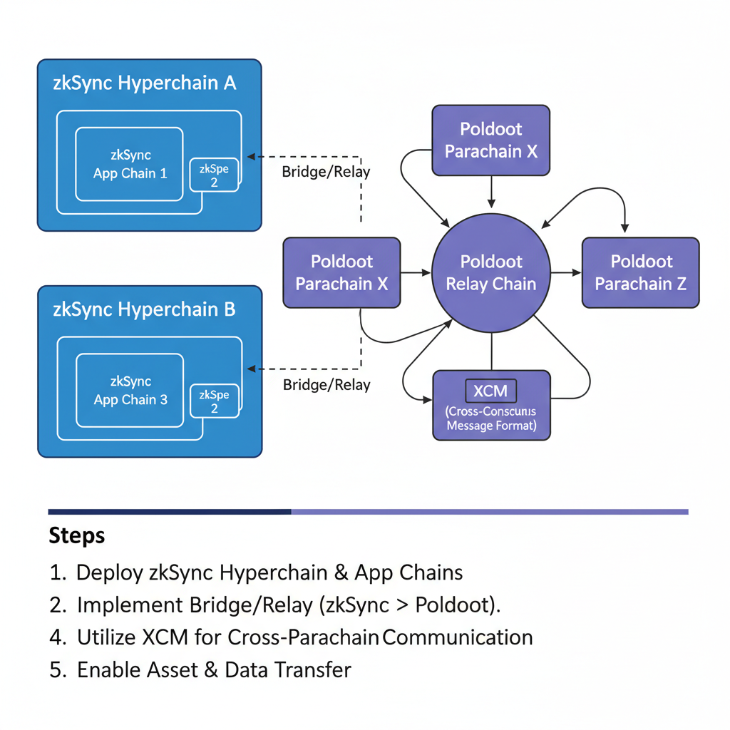 integration flowchart zkSync Hyperchains to Polkadot parachains, connected blockchain networks