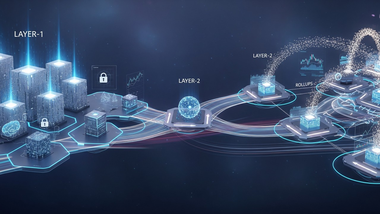 Illustration of interconnected blockchain rollups exchanging liquidity across a unified network, representing cross-rollup liquidity solutions for custom app-chains in 2025.