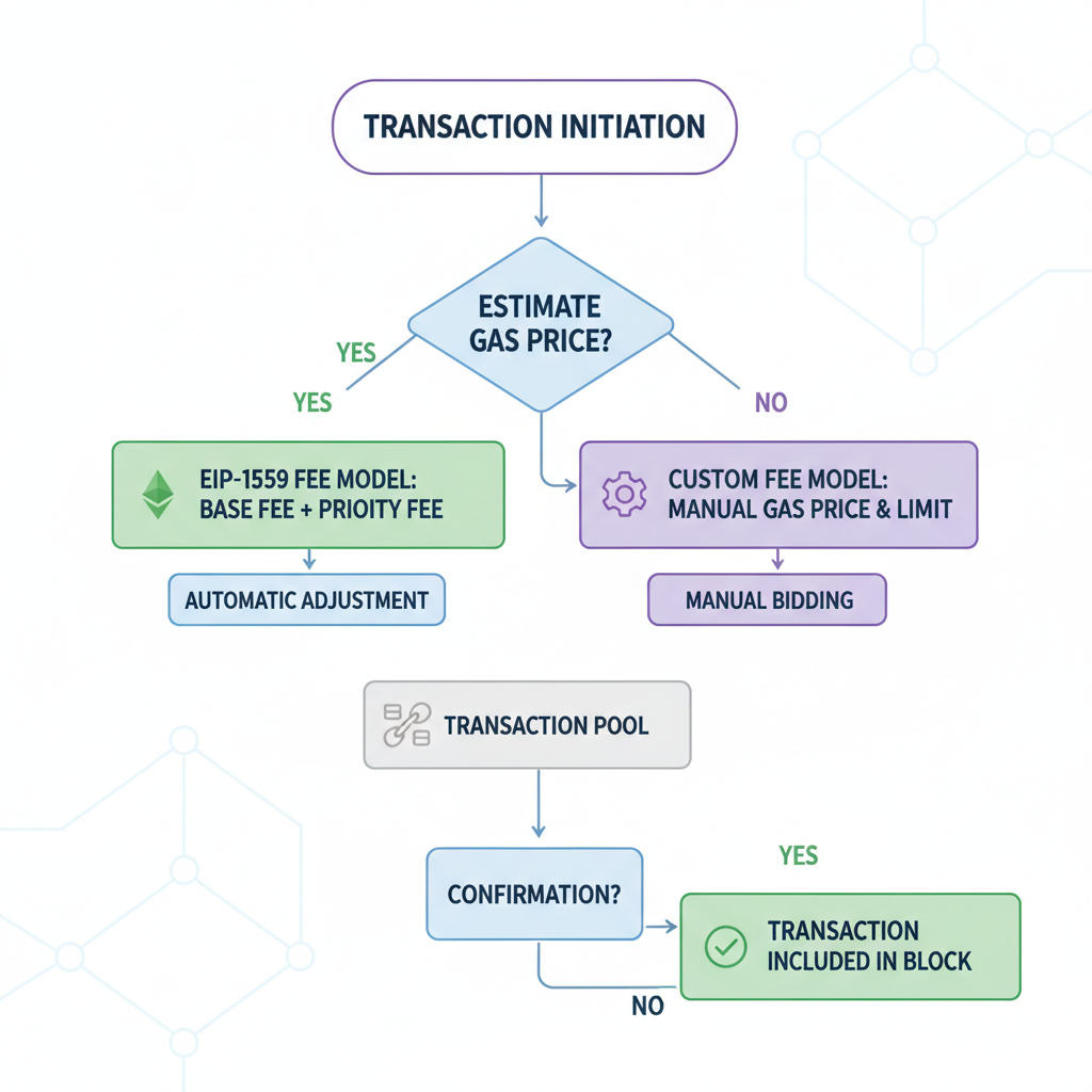 flowchart selecting EIP-1559 vs custom fee models, blockchain icons, tech diagram