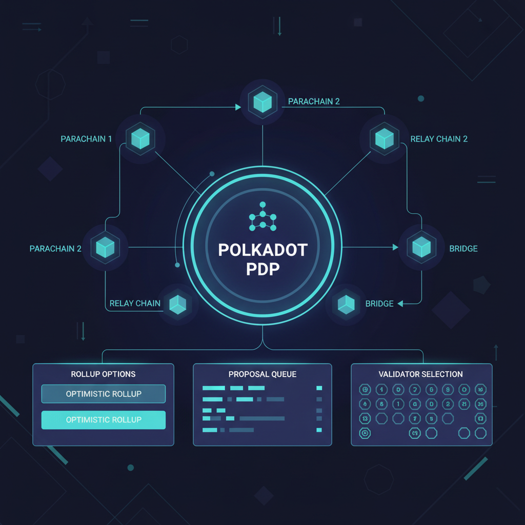 futuristic Polkadot PDP dashboard, glowing UI with rollup options, blockchain nodes connecting