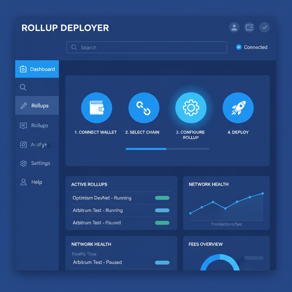sleek dashboard interface for blockchain rollup deployment platform, modern UI, blue tones