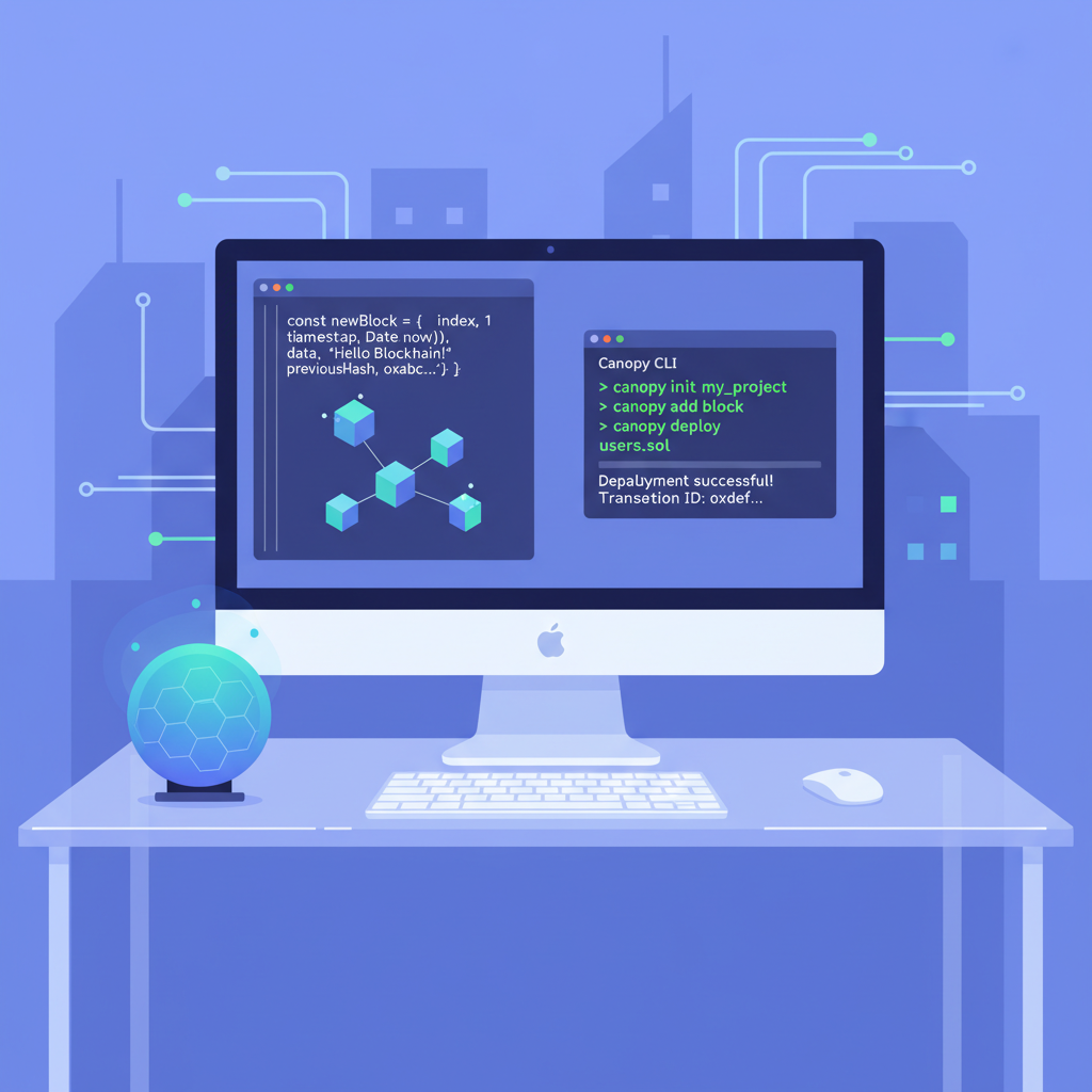 developer workstation with blockchain code, Canopy CLI terminal, futuristic UI, clean tech aesthetic