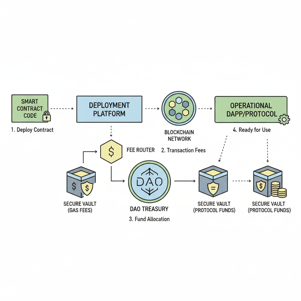 smart contract deployment flow, fee router connecting chain to DAO treasury, secure vault icons