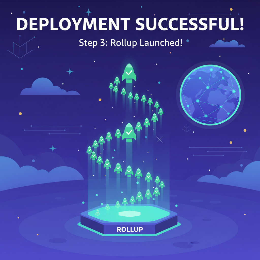 successful blockchain rollup deployment animation, green checkmarks launching into space, vibrant futuristic