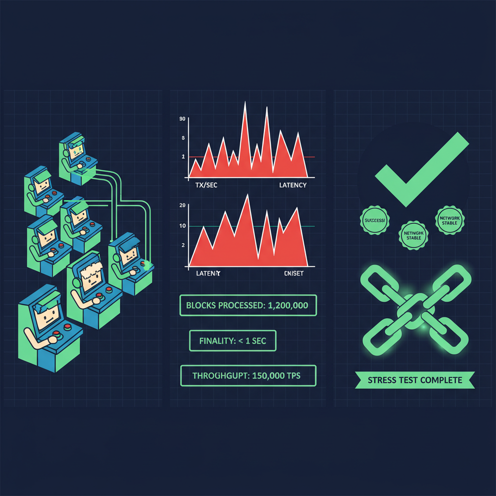 stress testing blockchain with simulated gamers, load graphs spiking, green success metrics, arcade style