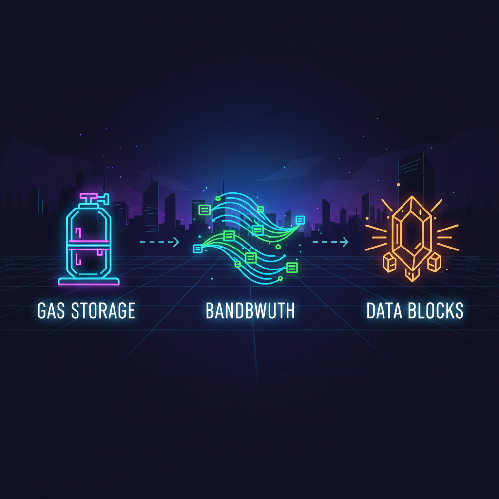 /imagine prompt: futuristic blockchain resources icons gas storage bandwidth glowing neon, cyberpunk style, simple diagram --ar 16:9 --v 6