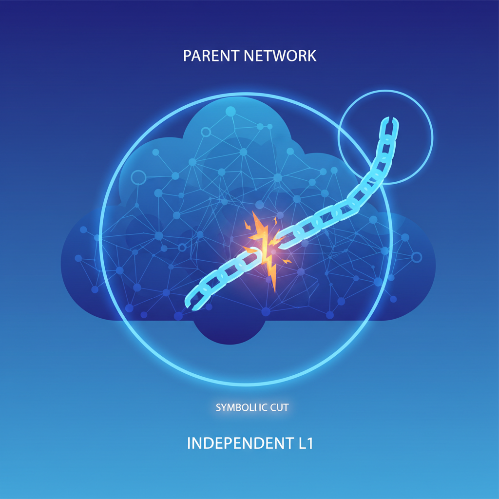 blockchain chain detaching from parent network, becoming independent L1, symbolic cut with glowing edges, epic scale