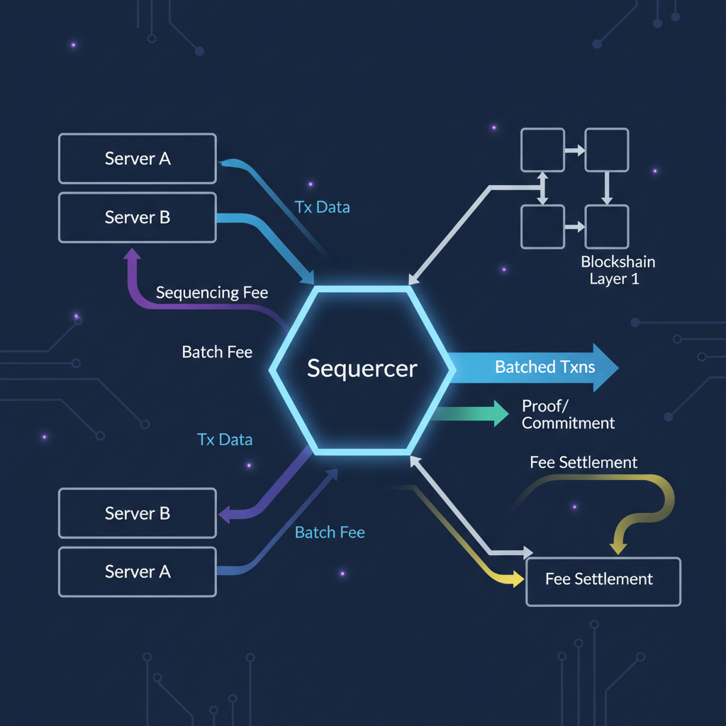 sequencer node diagram with fee flow arrows, servers and blockchain links, futuristic