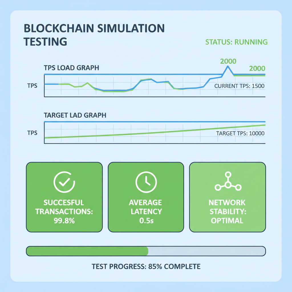 simulation dashboard blockchain testing, TPS load graphs, green success metrics