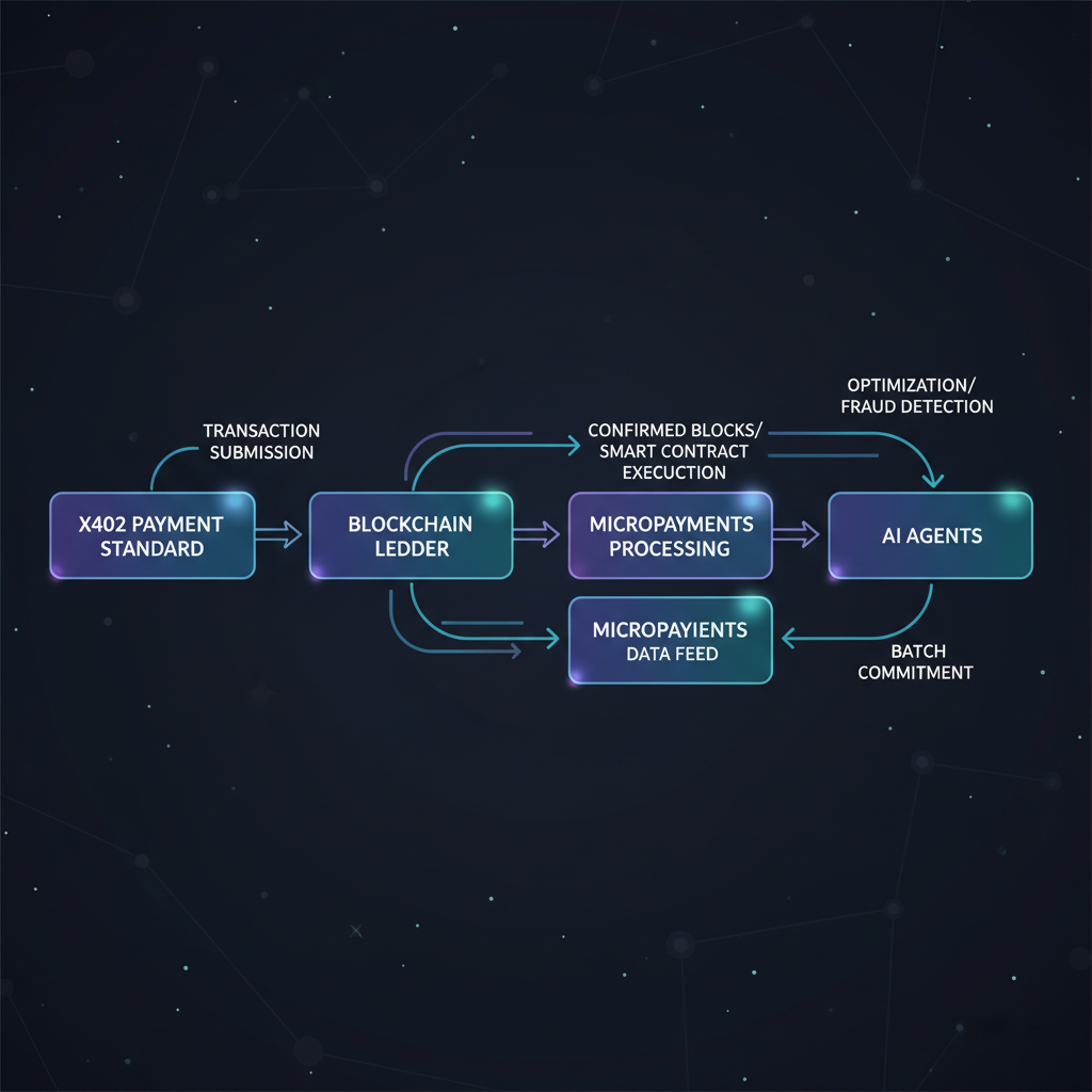 integration flow diagram x402 payment standard blockchain, flowing arrows micropayments AI agents, ethereal digital art